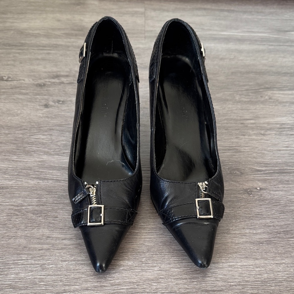 Black Leather Zipper and Buckle Heels